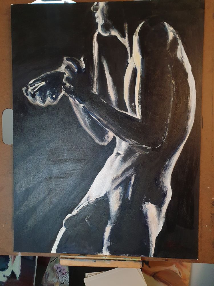 Male figure in standing pose with arched back. Medium is India ink, water color and gouache.