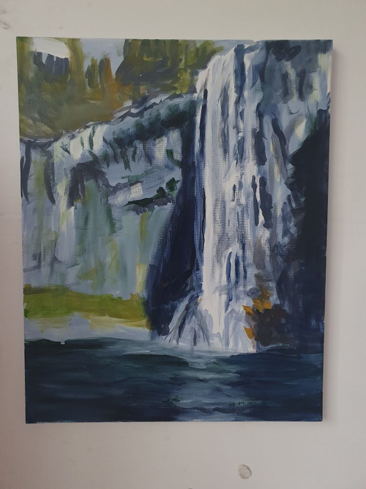 Under painting / value study of a waterfall such as one might see in the pacific northwest.   