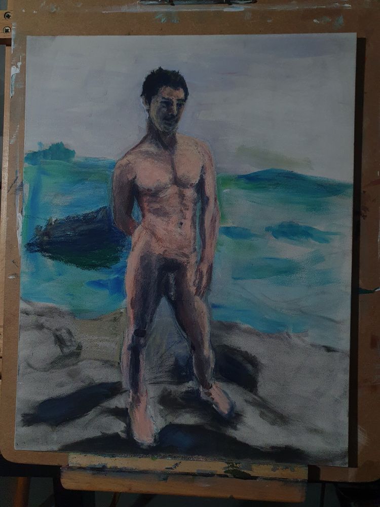 Male figure on beach.  Oil pastels over top of charcoal. 