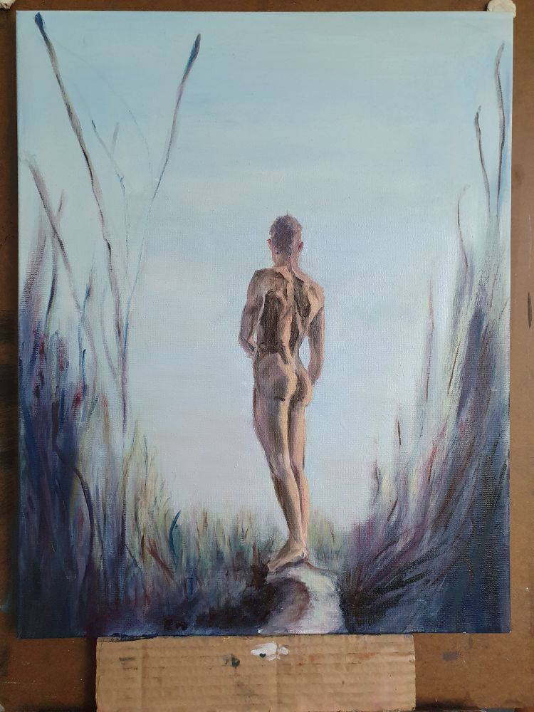 Oil paintong of a male nude figure standing among the reeds, facing the horizon.  