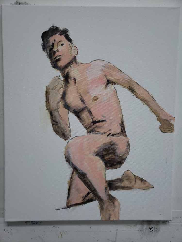 Painting of male figure kneeling. Acrylic on canvas.  