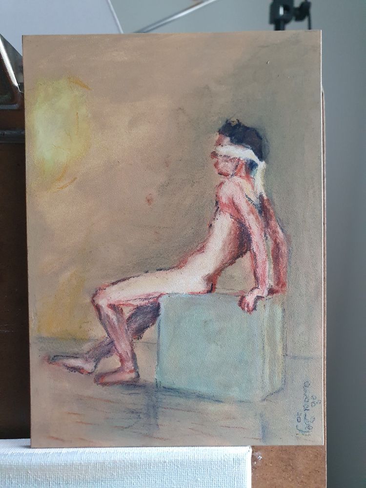 Nude male on posing cube. Model is leaning backwards and has a blindfold on.