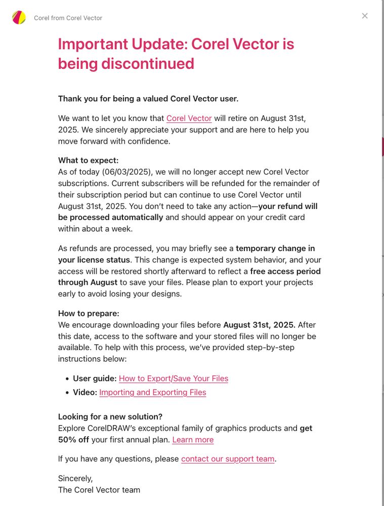 Discontinuation notice for Corel Vector