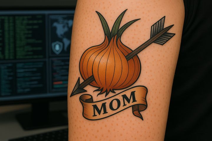 Tattoo of an onion with an arrow through it and a banner beneath that says MOM