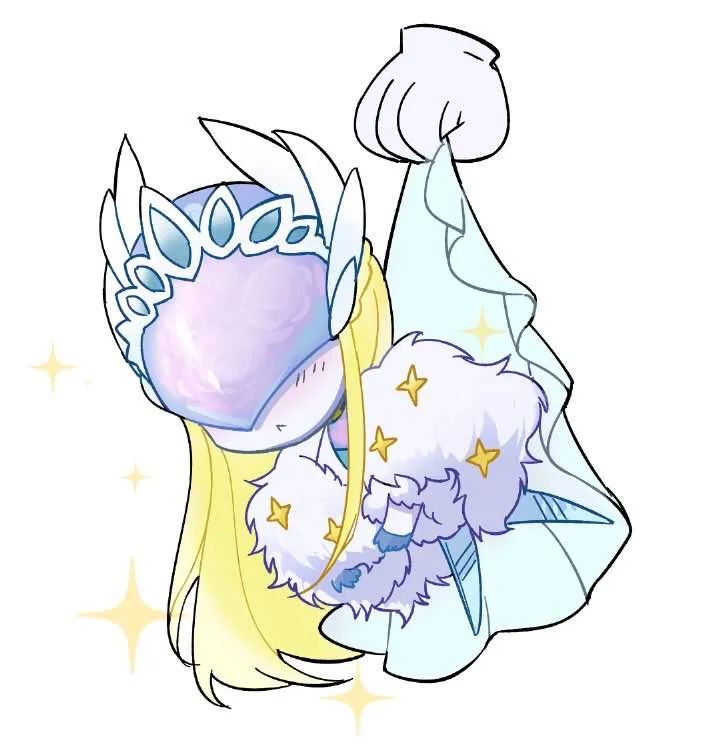 A chibi version of Cendrillmon, being picked up by a floating hand, held by the cloak.