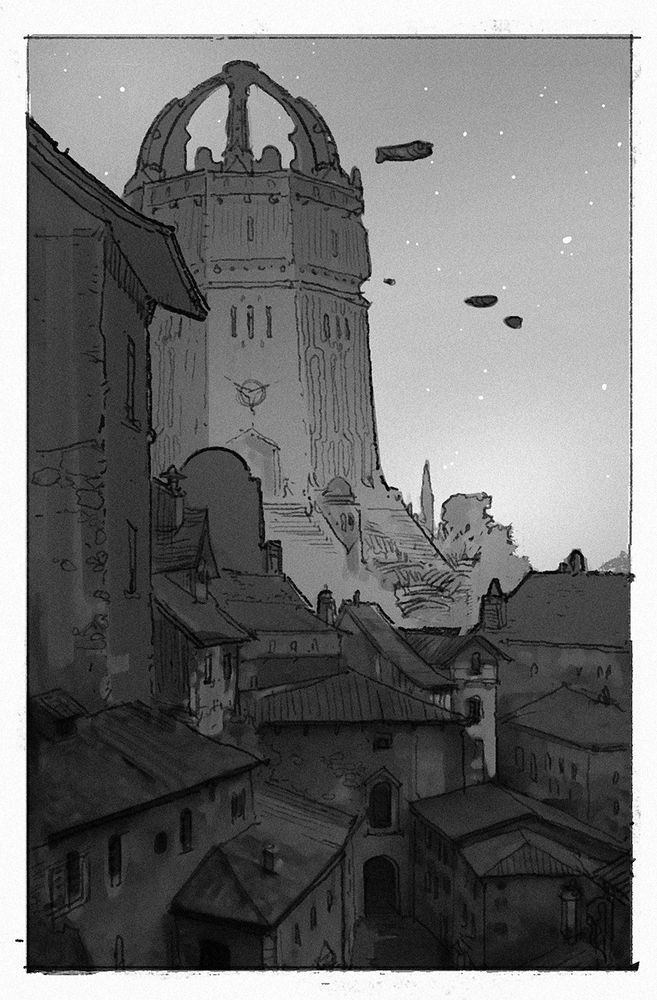 Black and white hand drawing of a city with a tower in the background