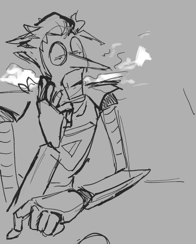 a sketch of spamton neo with lidded frustrated eyes and steam escaping his teeth.