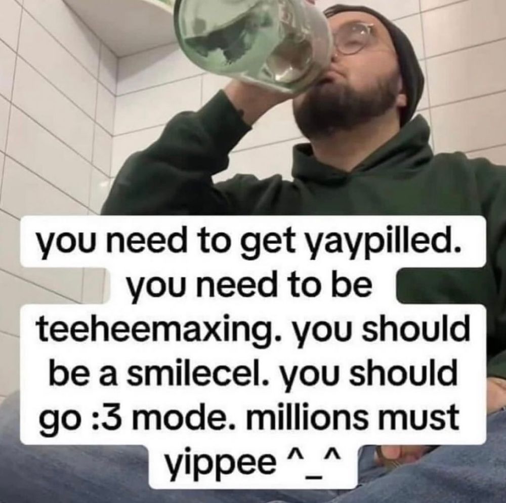 meme that reads "you need to get yaypilled. you need to be teeheemaxing. you should be a smilecel. you should go :3 mode. millions must yippee ^_^"
