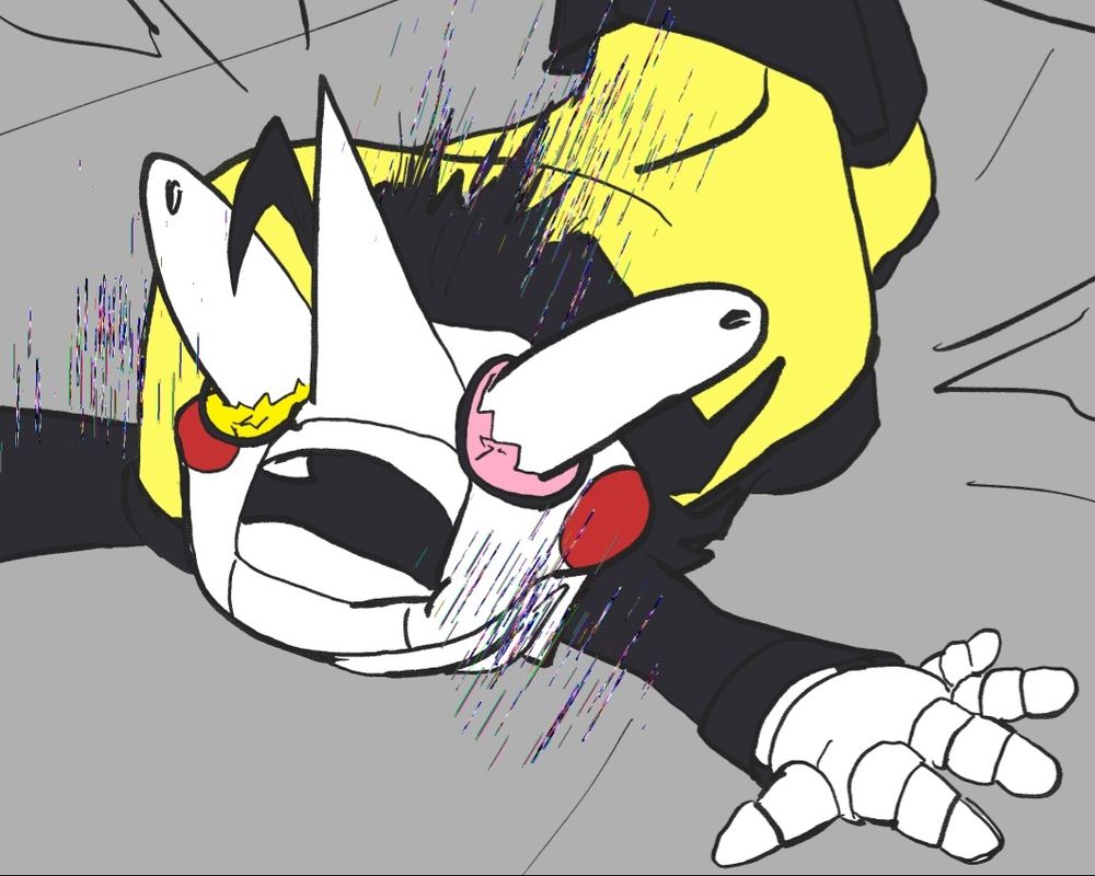 a close up of spamton being crushed by a giant yellow shoe. his eyes are bugging out and have shattered his glasses. 