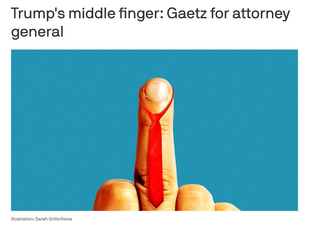 Illustration of Trump's tiny hand giving an itsy middle finger, with a red tie