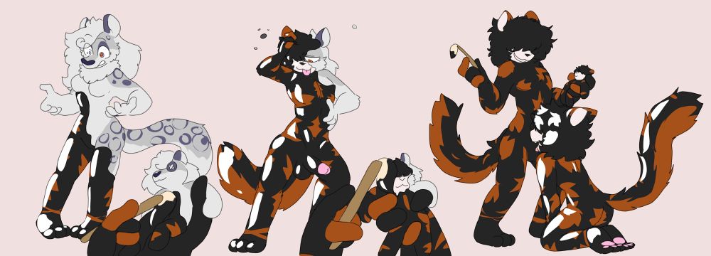 Stage one: From the POV of my sona (a male calico cat named Cali), he stands in front of a snow leopard gal named Eirini. He holds a doll that looks like the snow leopard,  and using a paintbrush dipped in rubber, he paints the lower regions of her body with his colours. Via magic, all the painted areas on the doll transfer over to the real Eirini, causing her legs and part of her torso to be coated in black and orange rubber. She’s shocked by this, but due to one of her eyes starting to change to orange, she’ll probably have a different mindset soon. 

Second stage: Cali has almost painted the doll entirely. it looks more like him than Eirini now. With each stroke he makes, Eirini loses more and more of herself, her identity being brushed away and coated with someone else. “Eirini” himself is almost entirely covered with Cali rubber, his gender has been swapped as a shiny cock hangs at his groin.  His snep tail has been fixed to look like Cali’s. The only parts of him yet to be changed are his arm and parts of his face. One of his eyes is covered by black rubber hair, his still visible eye has fully shifted to an orange hue. His expression shows that the he’s losing the raging battle in his mind, as he has a dull smile. Soon “Eirini” will just be a forgotten memory. 

Stage three: “Eirini” has been completely erased. His identity wiped clean and filled with Cali’s. Permanently. “Eirini” only responds to the name Cali now. The Cali clone is completely made of rubber, and is on his knees, sucking the cock of the original Cali, with a happy grin on his face— he’s always happy to suck off his twin, and vice versa. The original Cali stands proudly over his clone, grinning widely as he holds his new Cali doll with one paw, and his paintbrush with the other. 

You better be careful now. Who knows, Cali might have a doll of you~
