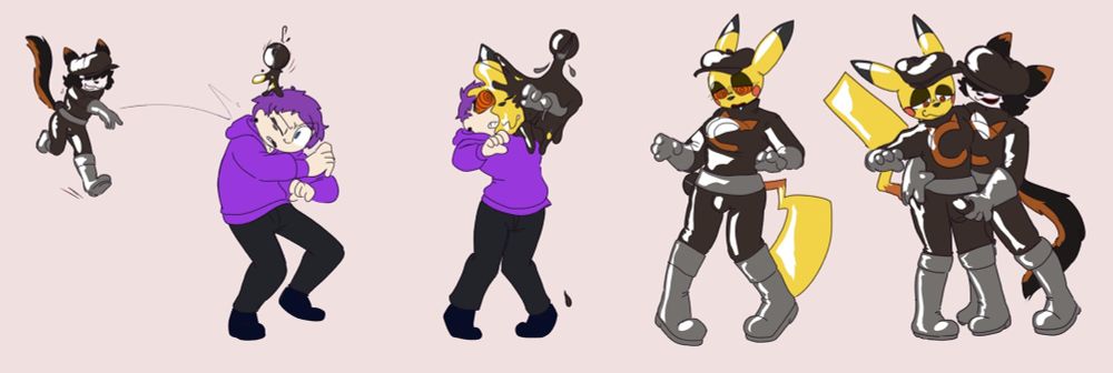 A calico cat stories a rubber pokéball at an unsuspecting human, which transforms and brainwashed them into a anthro pikachu grunt, ready to serve Team Cali~