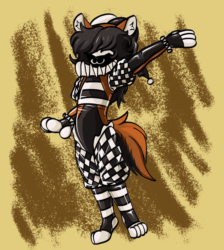 A anthro calico cat, clad in rubbery jester attire, with a black, white and orange colour palette. He wears a jester’s hat and a black “:3” mask. 