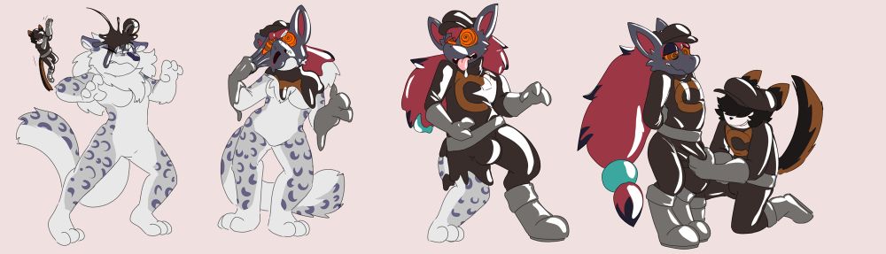 1st stage: A calico cat, clad in rubber attire, throws a dark rubber pokeball that hits a snow leopard gal on the head, leaking rubber onto her, she seems shocked!

2nd stage: The dark rubber spreads around her head, which is now becoming Zoroark’s. Her ears and muzzle elongate, a ponytail is forming, and a rubber cap is starting to take shape on her head. Orange swirls are in her eyes as she tugs at her face in a futile attempt to get the rubber off. 

3rd stage: The goop now almost completely covers him. A sleek black Team Cali uniform has formed over most of his body, with an orange “C” at the centre. Grey gloves cover his paws and a belt is worn on his waist. He’s a male now, his breasts have flattened and a nice, shiny nullge has formed over his groin. A boot has formed over one his feet. His ponytail is almost complete, and the only part of him untransformed is his leg. He seems to be completely dazed, maw agape and drooling as he’s brainwashed into becoming just another grunt in the ranks. 

4th stage: “Eirini” has been completely transformed into a loyal Team Cali Zoroark grunt, completely brainwashed into servitude, his past life and identity erased and replaced with something more fitting. He stands in an attentive stance, still looking rather dazed and flustered, swirls are still in his eyes. The calico cat from stage one is crouching in front of him, admiring his work. He smirks as he gropes and stretches his grunt’s nullge, they will soon make their way towards the team base, where the calico will introduce a new member to the fold~