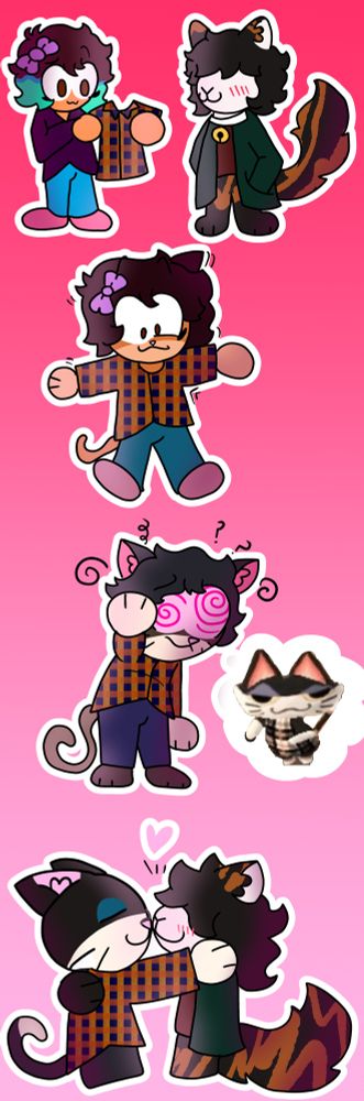 Tf sequence of a human woman into Punchy from Animal Crossing!
1st panel: a anthropomorphic calico cat gives a human girl an orange and black plaid shirt, they both seem happy. 
2nd panel: The girl with a t-pose, she still looks happy, even as a tail grows from her rear and her mind starts to feel fuzzy. 
3rd panel: The girl(?) in an awkward, confused pose, they hold onto their head and pink swirls are in their eyes as their mind shifts into Punchy’s. Their tail is longer now, their hair is receding into fur and they’re growing cat ears. 
4th panel: The girl has fully become Punchy, they have no memory of ever being anyone else. He embraces the calico cat from panel 1, giving them a loving smooch. 