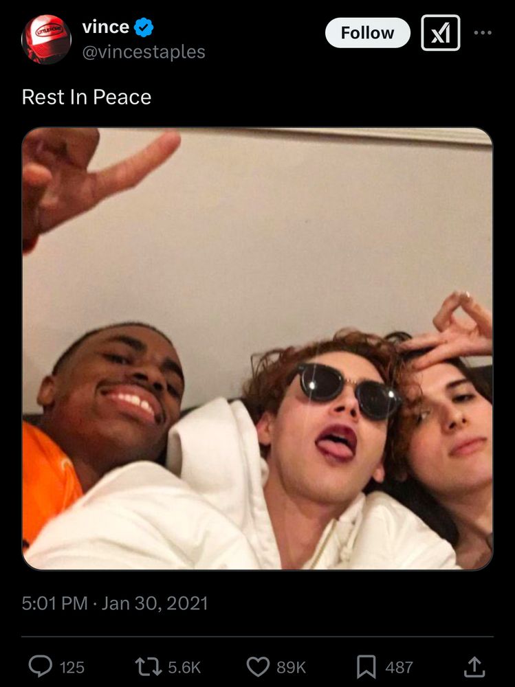 Vince Staples tweet of a picture of him with SOPHIE