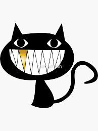 cartoon image of black cat grinning with sharp teeth, one is a gold tooth