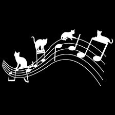 White wavy lines with white musical notes & silhouette shapes of cats
