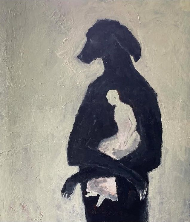 A figure of a black dog holding the white figure in its crossed arms against an off white background