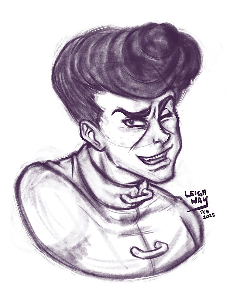 A sketch in violet digital pencil of Knuckle Bine from the shoulders up. He is smiling and winking while looking towards the audience from the side of his closest eye. Profile is in 3/4 front facing screen right. 