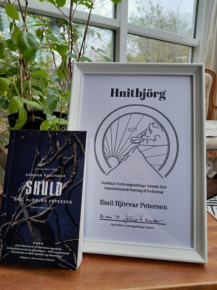 The awards in a white picture frame with the book Skuld resting against it on the left side with a bit of greenery and a window behind the two.