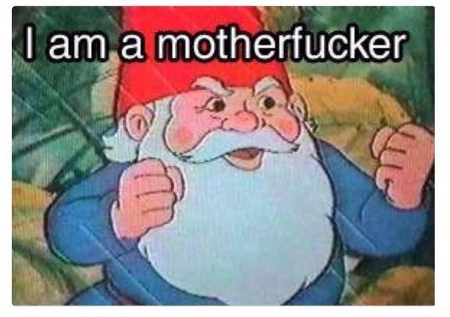 A gnome wearing a blue shirt and has a long white beard, holding up his fists as if to fight, with the caption, “I am a motherf*cker.”