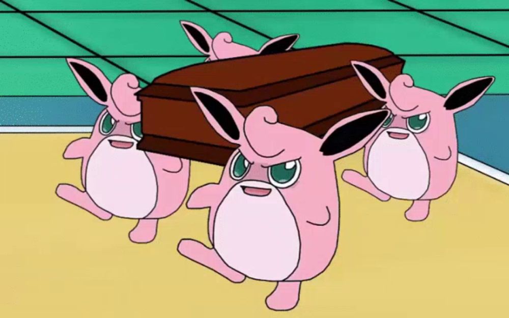 three pink cartoon animals carrying a coffin on their backs