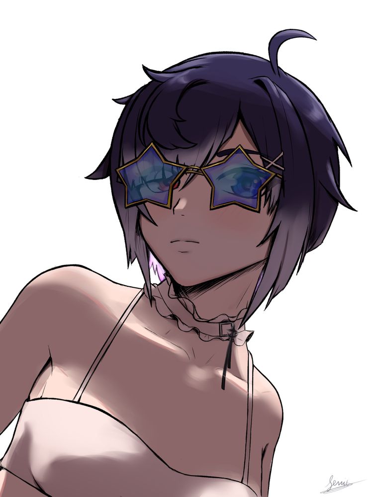 vtuber and artist Vlil_shadow in her summer wear wearing star sunglasses