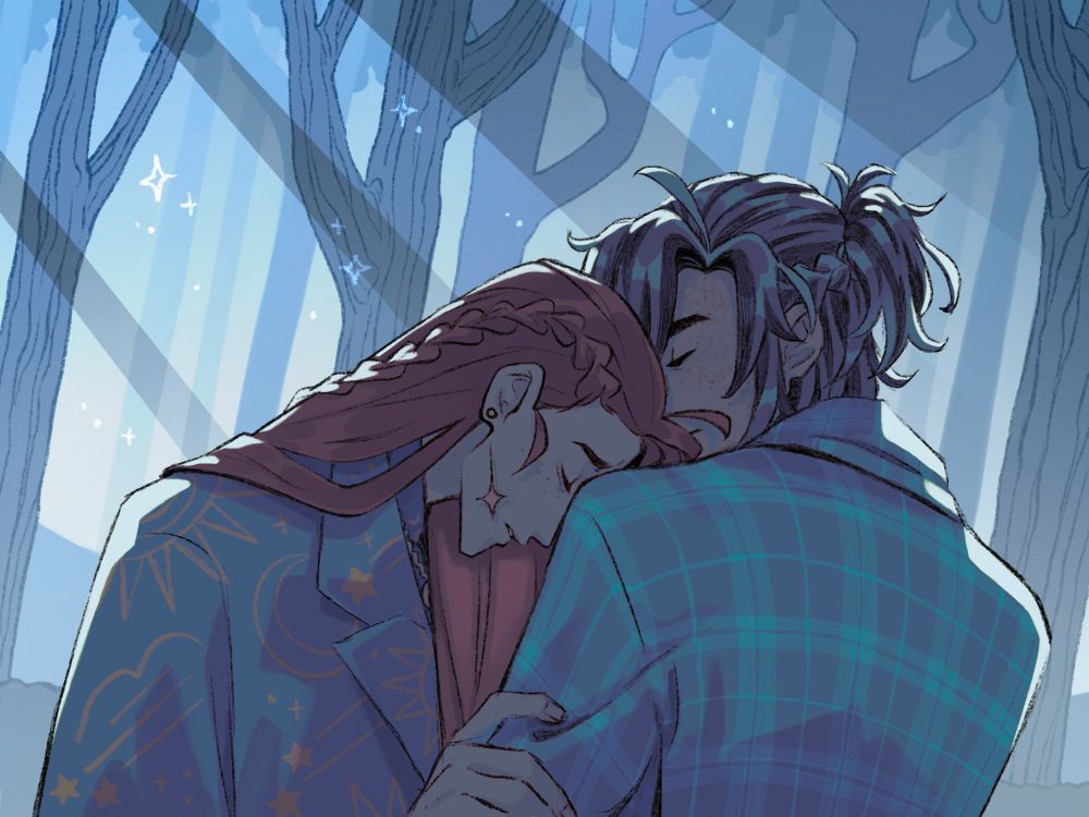 a low light scene in the woods where everything has a blue cast to it. aisling clings to gregory's sleeve and rests his head on his shoulder, and gregory lets him. love is stored in the headbonk
