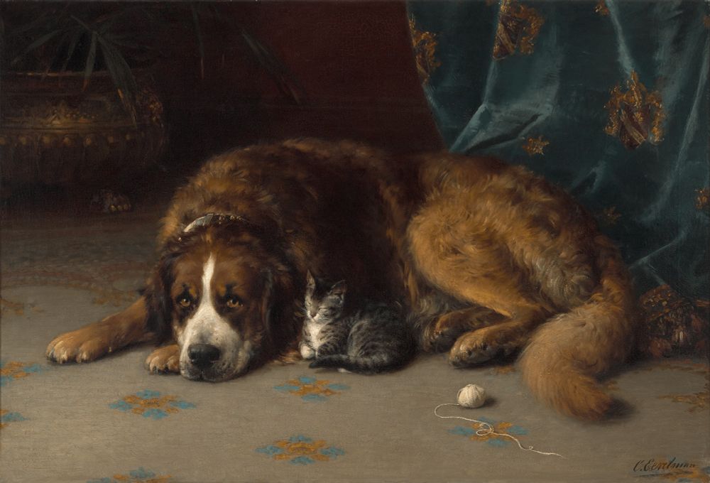 A wonderful painting of a big dog and a kitty being friends 