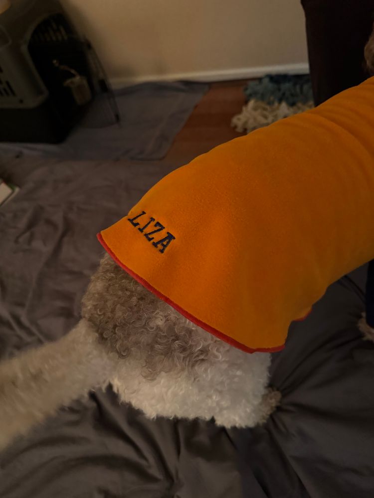 Liza’s name on the butt of her custom fleece 