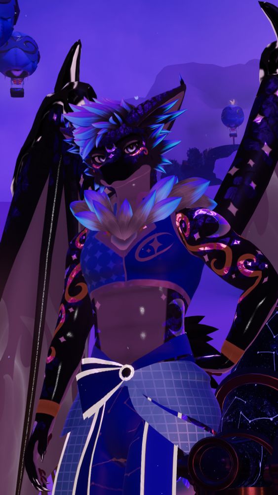 Aster Dragon avatar by Foxipaws in a Furality Somna themed outfit. He's standing with a cloudy backdrop.