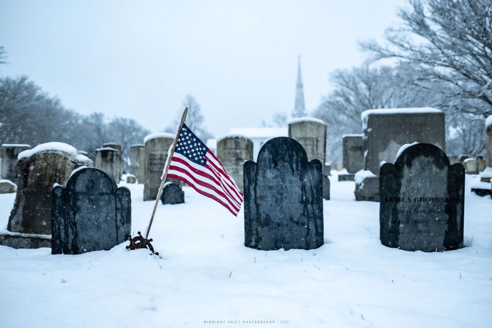 A snow covered cemetery in Little Compton, Rhode Island. 