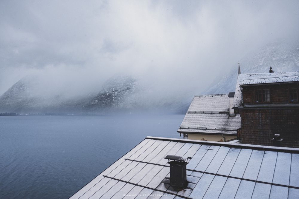 Snow covers Hallstatt, Austria.