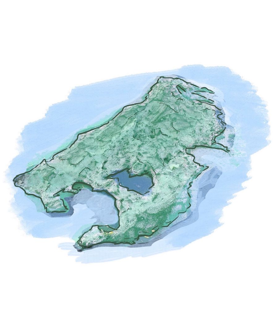 an illustration of a mountainous green island surrounded by blue water, with a nice little lake in the middle  