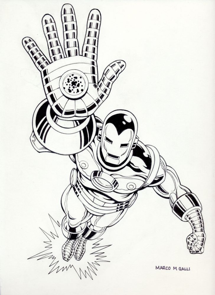 Black and white drawing of Iron Man flying up at viewer with hand open, ready to fire repulsor.