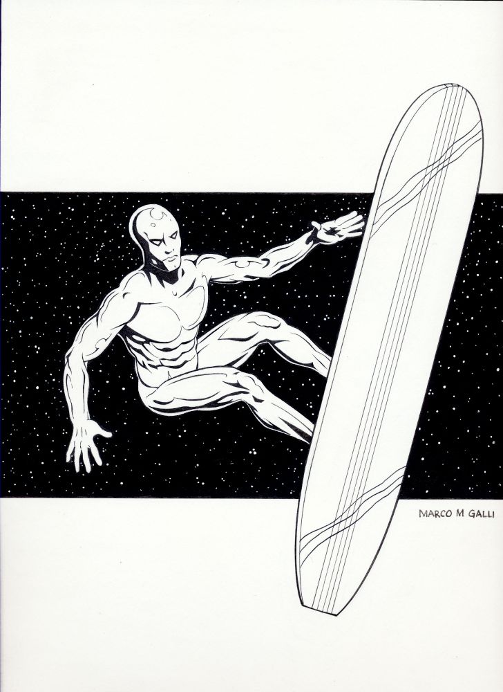 Black and white image of the Silver Surfer against a panel of space. Done in marker pen.