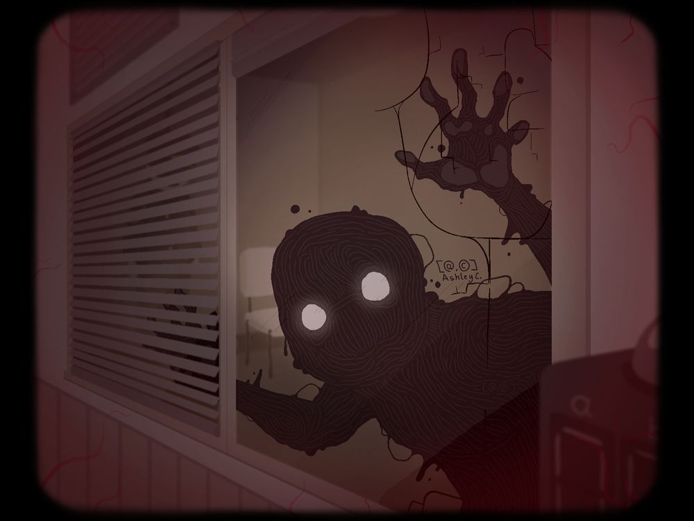 A shadowy figure presses his palms agains window panes from the inside of an interrogation cell, cracking the glass in the process. The interrogation police officer hangs in the background, obscured by lowered blinds. The perspective is from the outside of the interrogation cell, the vision bloodshot.
