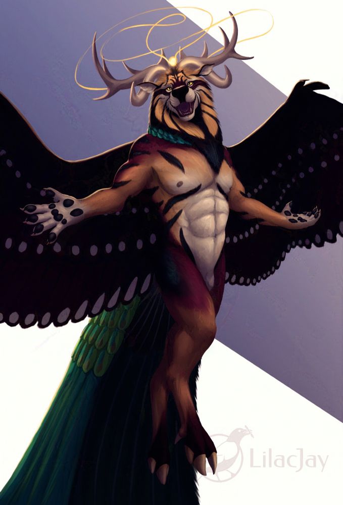 Artwork of Rayazeth, an anthropomorphic deity, posing in the air with his arms stretched out and looking at the viewer with an honest and open smile. He has the head of a lion, the antlers of a stag, the horns of a bull, the wings of an eagle and a peacock's tail, as well as a whisp of radiant energy floating above his forehead, which emanates strands of light whirling around the antlers on his head. He also does not wear clothes, bearing his muscular chest, arms and legs openly, almost as if to present himself and his divine body to the viewer.