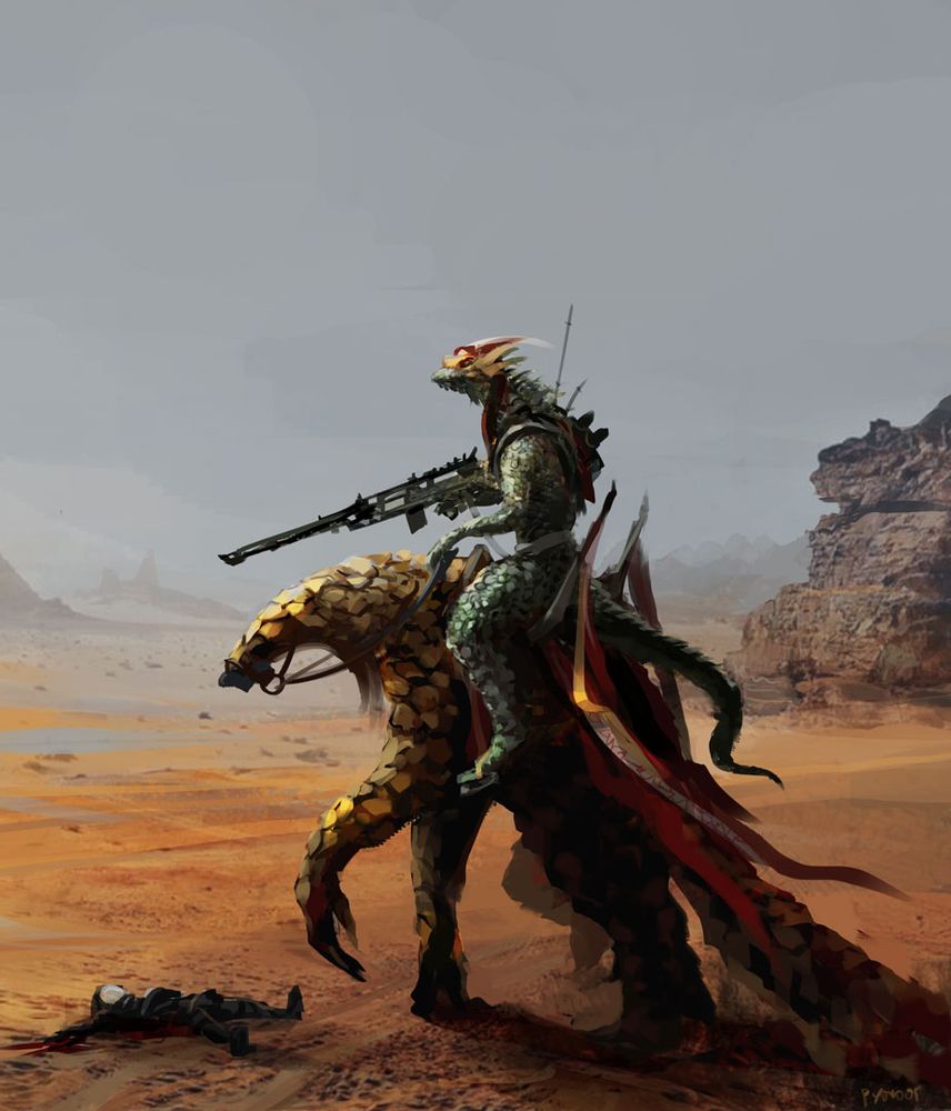 A digital painting depicting a massive lizard-like humanoid warrior riding a giant pangolin creature with golden-brown scales. The rider holds a long sci-fi rifle and wears a flowing red cape. They are standing in a hazy, rocky desert landscape. In the foreground, a human soldier lies dead on the sand, looking tiny compared to the alien mount, emphasizing the massive scale of the creature. Painterly style.