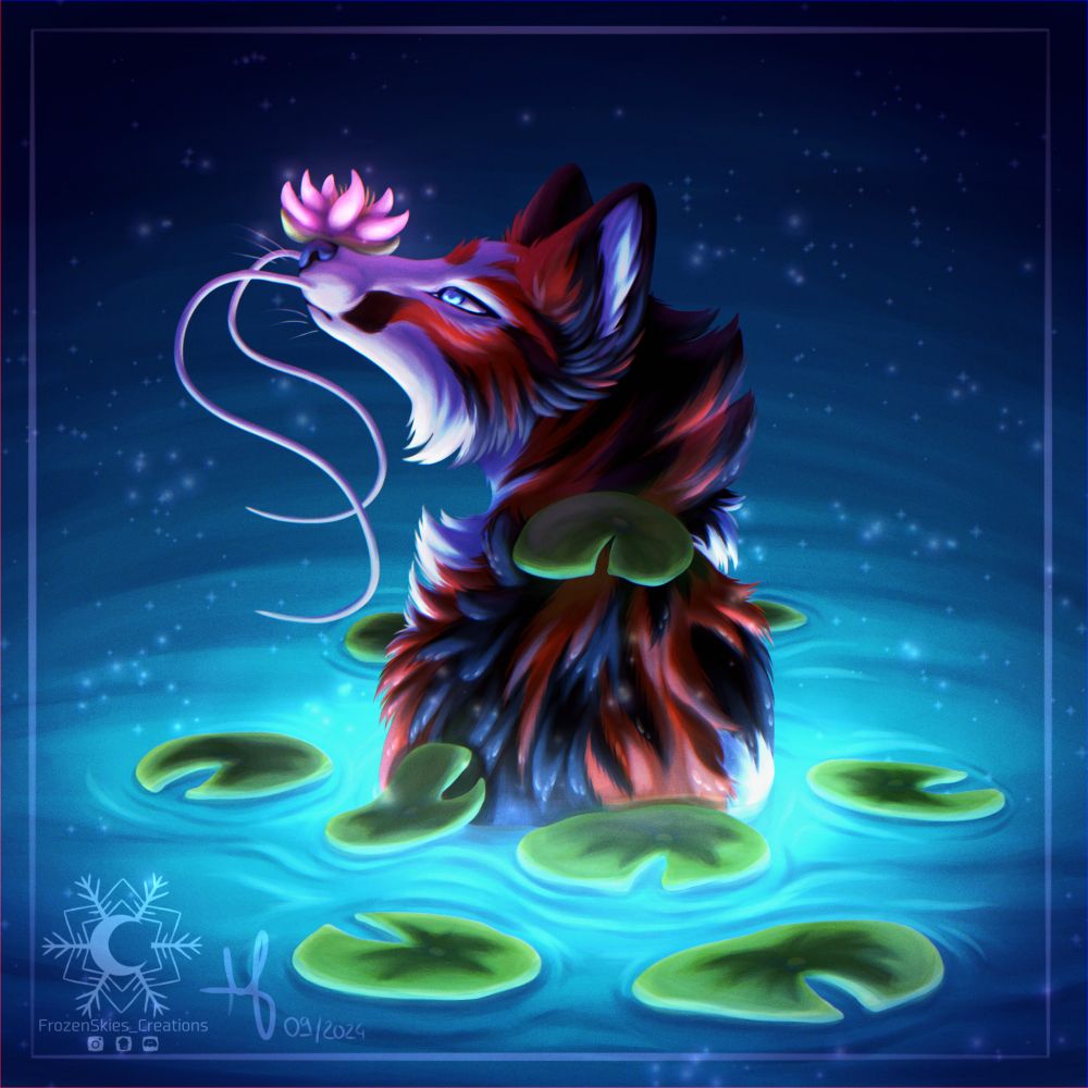 Digital drawing of a koi fox in a magic glowing pond, with water lilies floating around. The fox holds a lotus flower on its snout