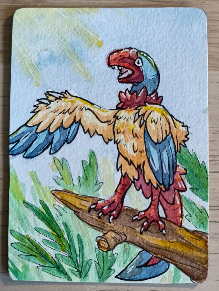 Watercolor drawing of the pokemon Archen sunbathing