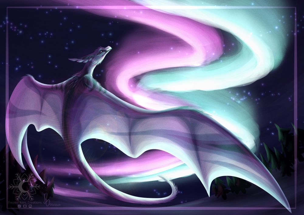 Digital drawing of a dragon flying in front of green and pink northern lights