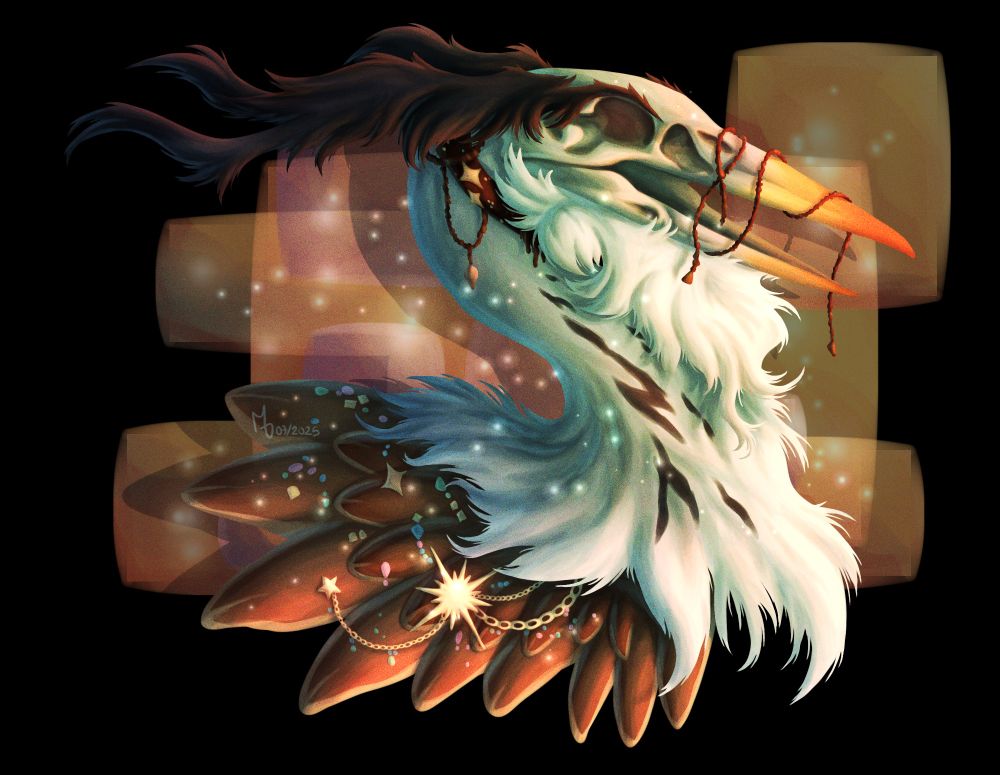 Digital painting of Ascellad, deity of change, who looks like a grey heron with a heron skull as a head