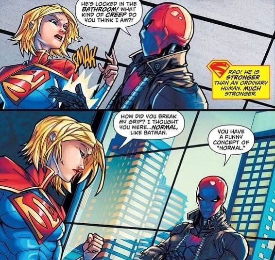Comic page of Jason Todd breaking out of Supergirl's grip while she says he's much stronger than normal human.