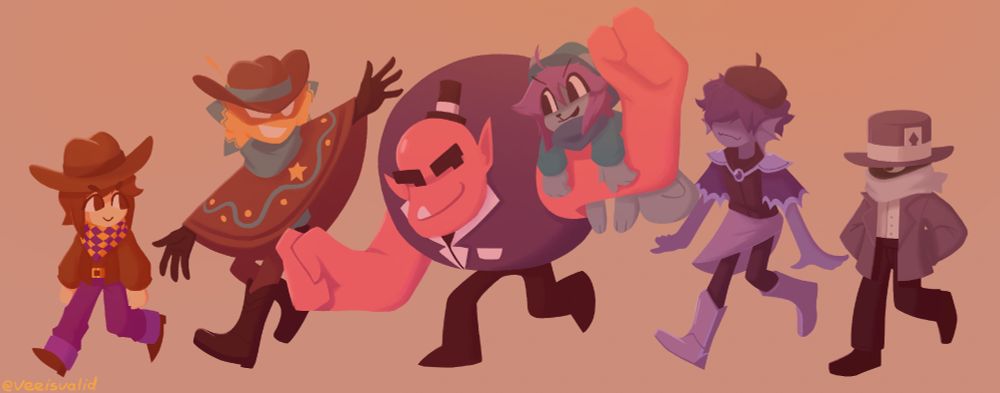 clover and the feisty five from Undertale Yellow walking in line