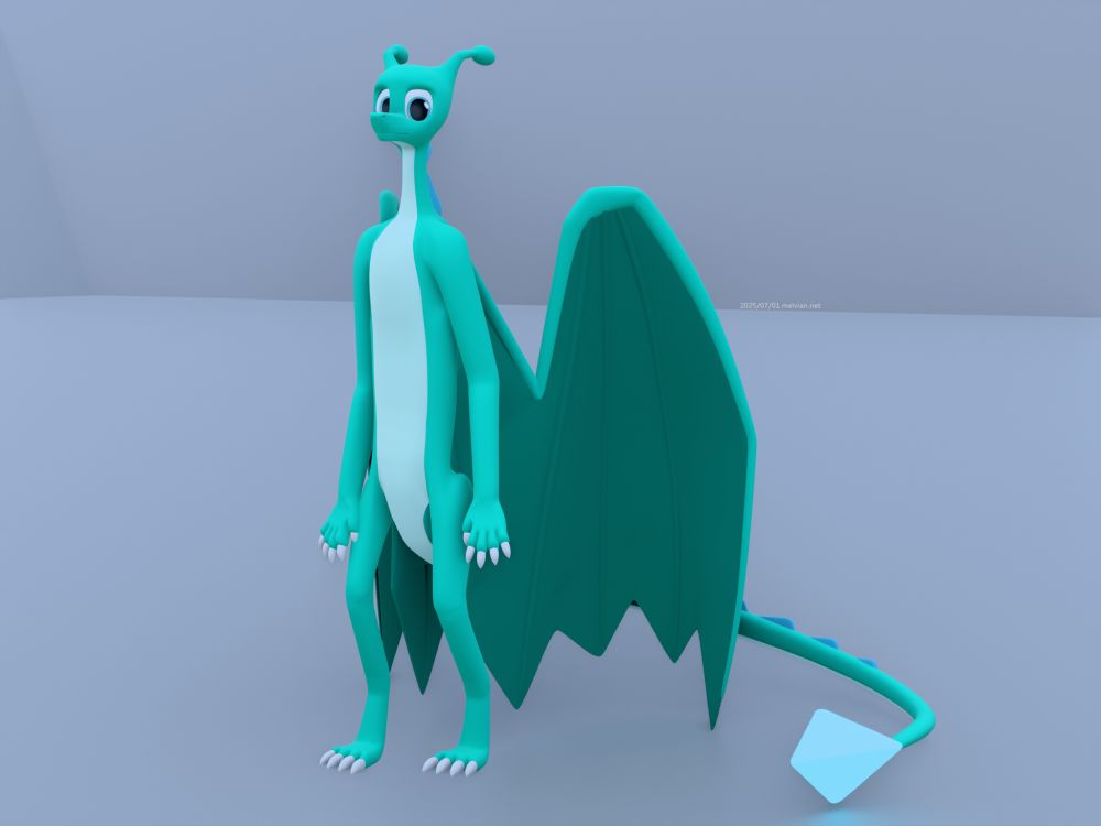 Me, a four-legged aquamarine dragon, standing up like a human, revealing that, compared to a human's proportions, my arms and body are extremely long and my legs short and digitgrade. I have decent size wings, a long tail, and antennas on my head as well as a snoot.