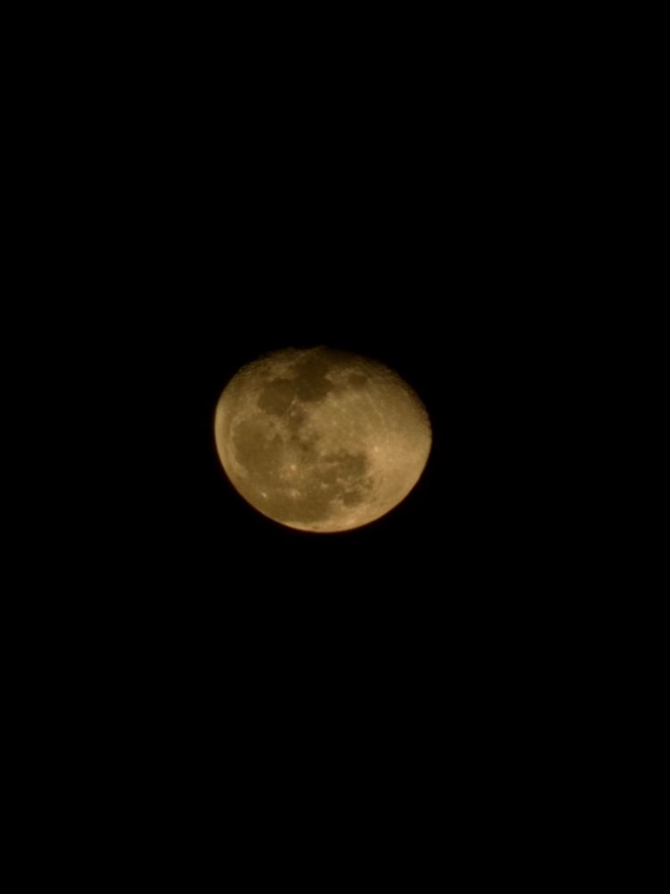 A picture of an almost full moon with surface texture on a solid black background.