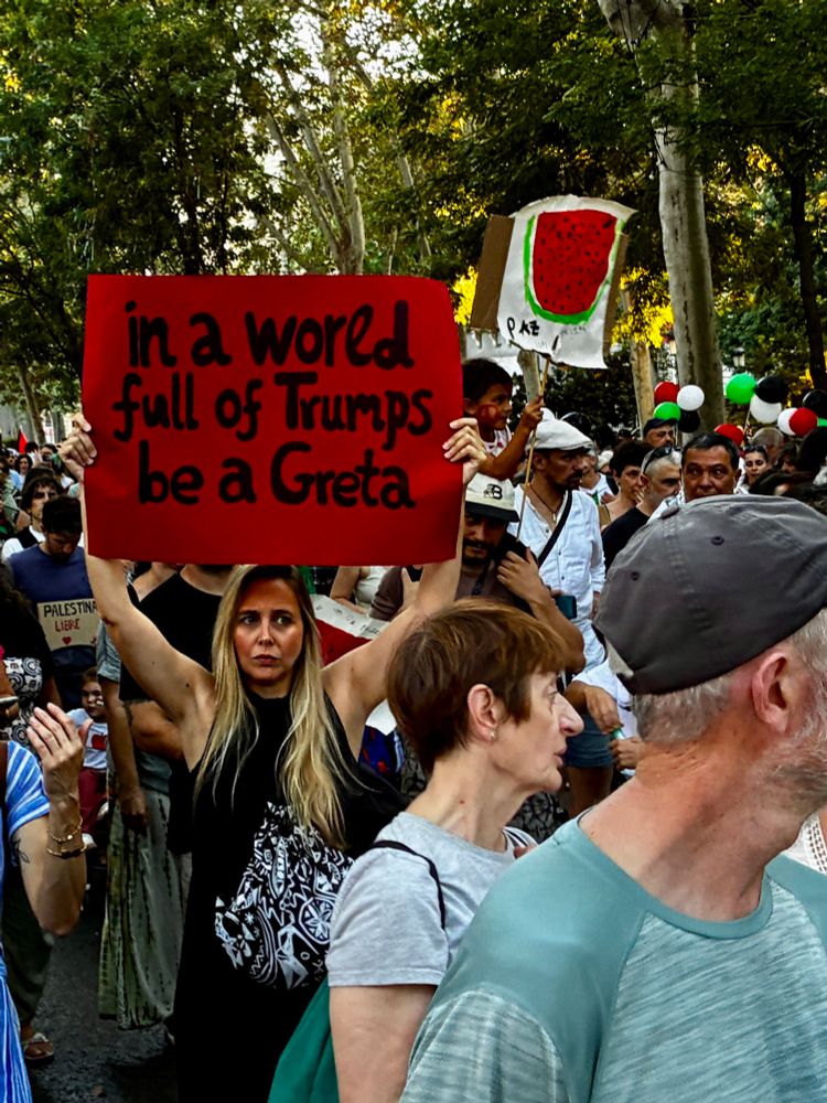 Imagen de la manifestación del 4/10 en Madrid de apoyo a Palestina, una mujer sostiene un cartel que dice en inglés: “En un mundo lleno de Trumps, sé una Greta”