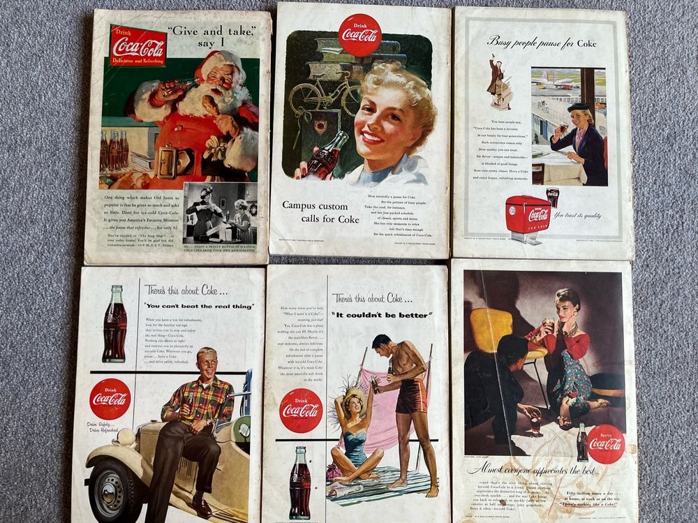 Different vintage back page Coca Cola adverts